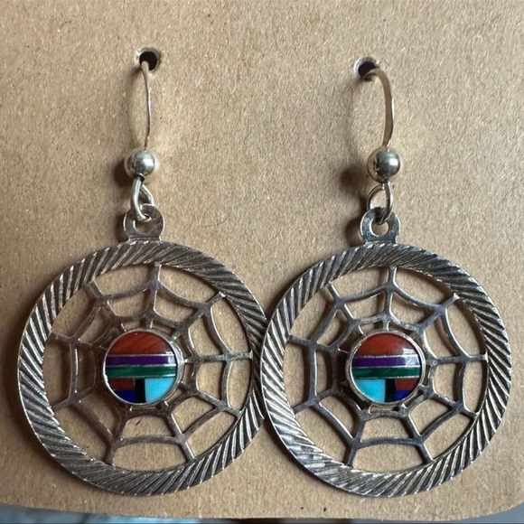 Native Artisan Sterling Silver Spider Web Earrings - Picture 2 of 10